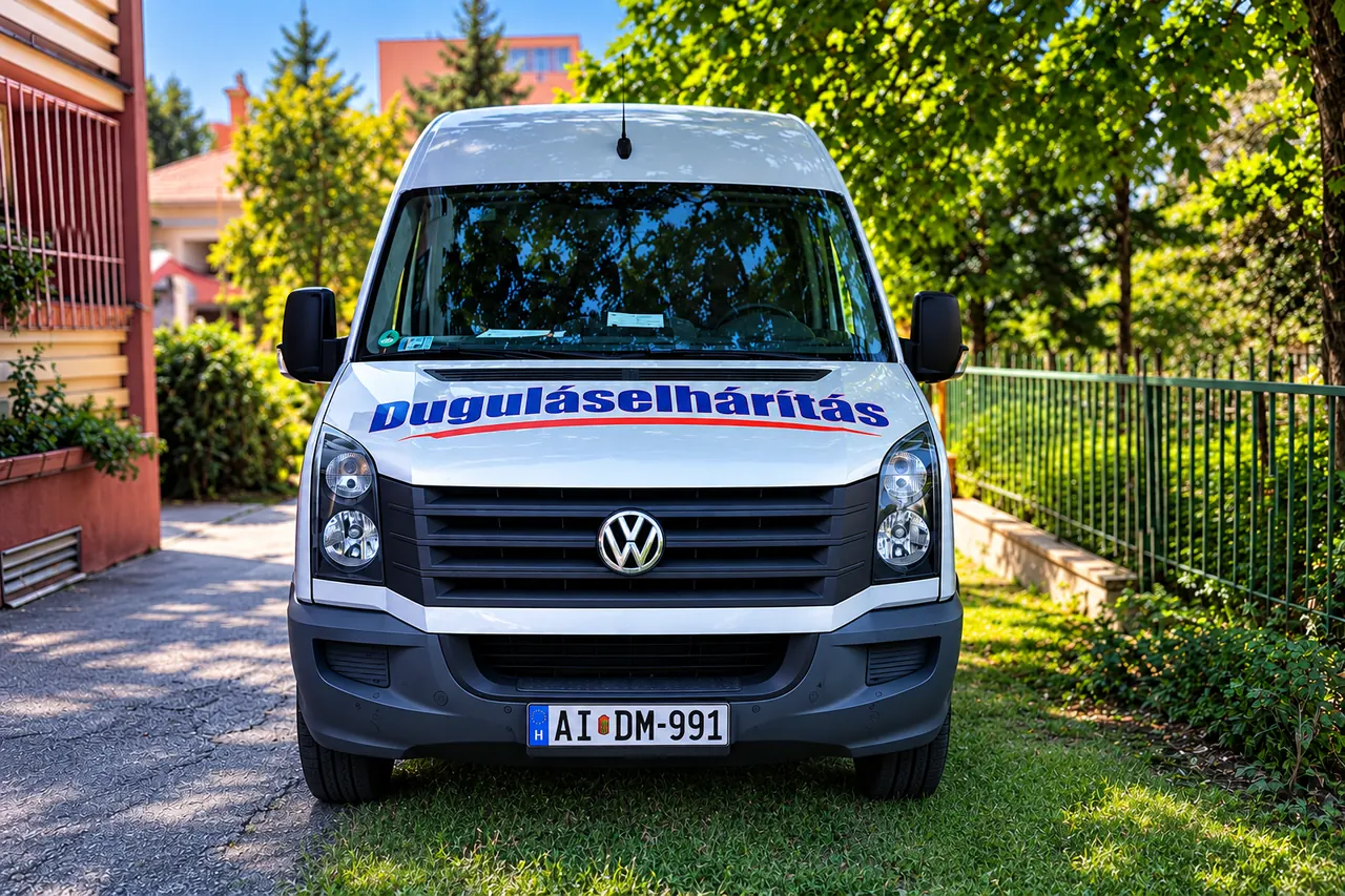 Fehér, Duguláselhárítás feliratú szervizautó szemből fotózva